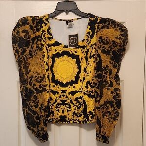Black and Gold Baroque Print Top With Sheer, Puffy Sleeves